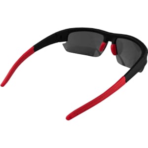 Sunglasses with a black frame and red accents, featuring dark lenses and a sporty design.