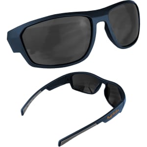Moana sunglasses in navy blue featuring dark lenses and a textured arm design. Includes a logo on the side.