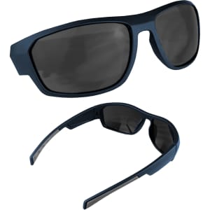 A pair of navy blue sunglasses with dark lenses, featuring a sleek modern design and a logo on the side.