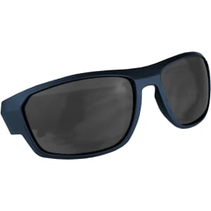 Sunglasses with a dark blue frame and dark lenses, featuring a sporty design and branding on the side.