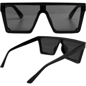 A pair of black Malibu sunglasses with a modern geometric design and dark lenses, featuring a logo on the side.