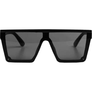A pair of black oversized sunglasses with dark lenses and a bold, angular design, featuring a logo on the side.