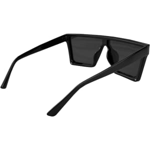 Black sunglasses with a geometric frame and dark lenses, featuring a logo on the side.