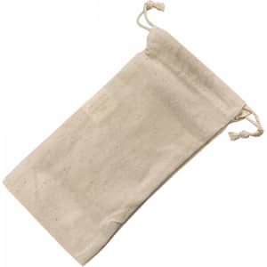 A beige cotton drawstring pouch with ties at the top, featuring a logo on one side.