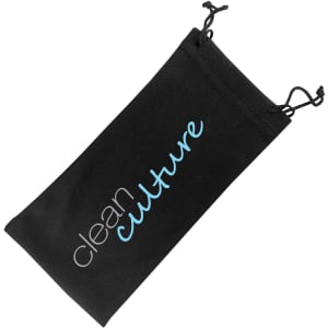 A black microfiber pouch with a drawstring closure and a logo in blue text.