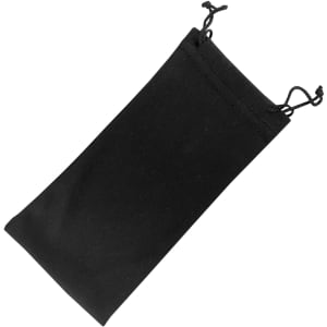 A black microfiber pouch with drawstring closures and a simple design. It includes a logo.