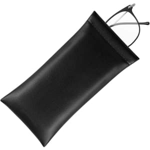 A black PU pouch containing a pair of glasses, featuring a simple design and smooth texture.