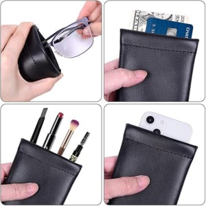A black PU pouch with various items, including sunglasses, a phone, and cosmetics, held in hand. It features a branding logo.