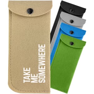 A collection of felt pouches in beige, black, grey, blue, and green, featuring a snap closure and a logo.