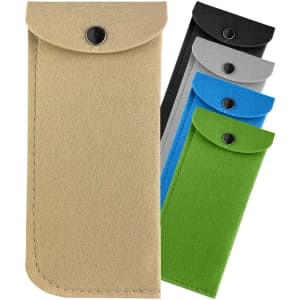 A selection of felt pouches in beige, black, grey, blue, and green, featuring a snap button closure and branding.