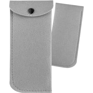 A grey felt pouch with a snap button closure and a removable inner section. It features stitching detail and a logo.