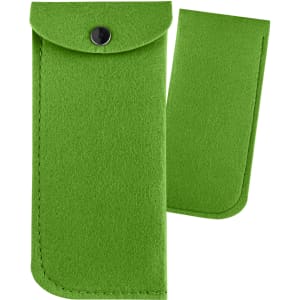A green felt pouch with a snap closure and a separate flap. It features sewn edges and has a logo.