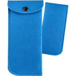 A blue felt pouch featuring a snap closure, with a smaller flap alongside it. It has a labelled logo.
