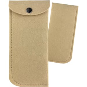 A beige felt pouch with a snap closure, accompanied by a smaller matching piece. Features a simple design and has a logo.