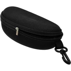 A black zippered case with a textured surface and a clip, ideal for holding glasses or small accessories.