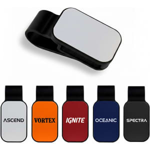 A car visor sunglass holder in various colours including black, orange, red, navy, and white, featuring a logo.