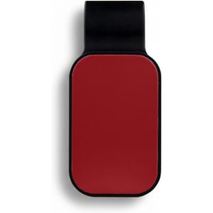 A car visor sunglass holder in red with a black mount. Features a smooth surface and a simple design, includes branding.