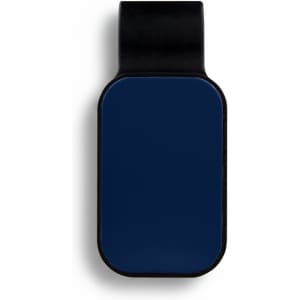 A navy blue car visor sunglass holder with a black attachment. Features a smooth surface and a logo.