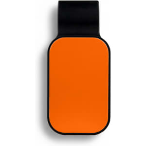 An orange and black car visor sunglass holder with a smooth, rounded design. It features a logo.