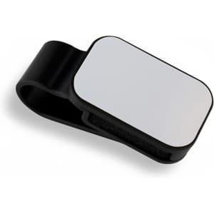 A black car visor sunglass holder with a smooth surface and a clip for attachment.