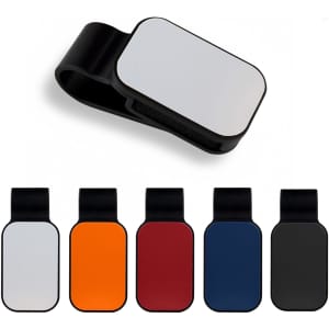A car visor sunglass holder in various colours: black, orange, red, navy, and grey, with a logo on it.