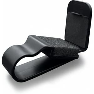 A black car visor sunglass holder with foam padding and a clip design for secure attachment.