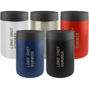A set of five Kovina stainless steel stubby holders in white, black, navy, red, and gold, featuring branding.