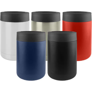 A set of five stainless steel stubby holders in white, silver, red, navy blue, and black, each with a black lid.