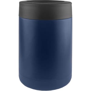 A stainless steel stubby holder in navy blue with a black top, featuring a logo.