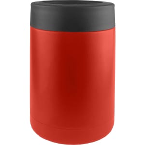 A red stainless steel stubby holder with a black top and a subtle logo.