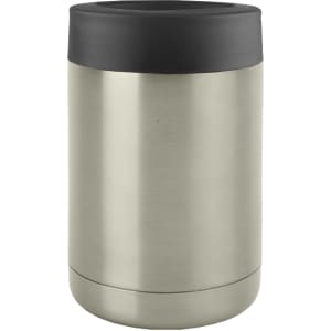 A stainless steel stubby holder in silver with a black silicone top, featuring a logo.