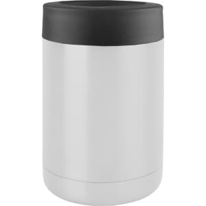 A stainless steel stubby holder in silver with a black top. It features a logo.