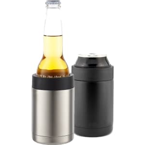 A stainless steel stubby holder in silver and black, holding a bottle and a can. It features a logo.