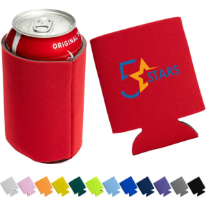 A red foam stubby cooler holding a drink can, with a logo and a range of colours displayed below.