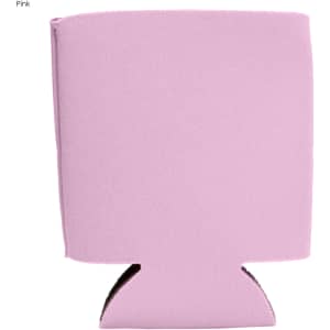 A pink foam stubby holder with a classic design, featuring a logo on one side. Suitable for drinkware.