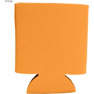 An orange foam stubby cooler with a cut-out base and a logo. Ideal for keeping drinks cool.