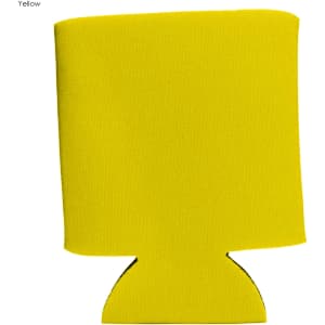 A drink bottle stubby cooler in bright yellow, featuring a logo, designed to fit standard drink bottles.