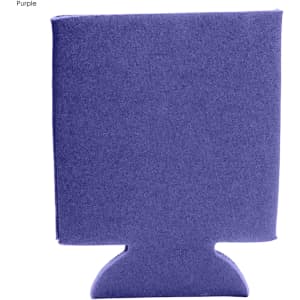 A purple foam stubby cooler with a flat design and a base for holding drinks. It has branding on the surface.