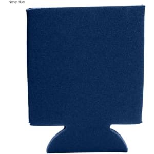 A drink bottle holder in navy blue made of foam, featuring a logo on the surface.
