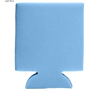 A light blue foam stubby cooler with a logo. Designed to fit standard drink bottles.