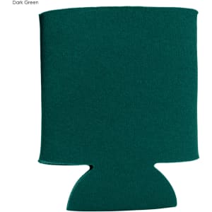 A dark green foam stubby holder with a curved base and a simple design, featuring a logo.