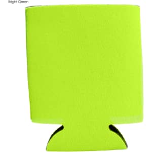 A bright green foam stubby holder with a cut-out base and a simple design, featuring a logo.