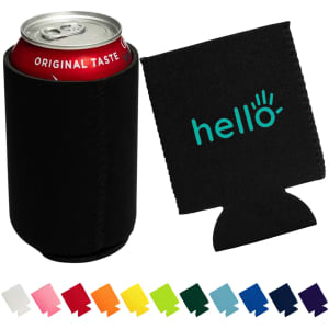 A black neoprene stubby cooler with a can and a matching cooler. Features a logo on the side.