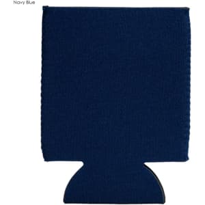 A navy blue neoprene stubby cooler with a logo, designed to hold drink bottles.