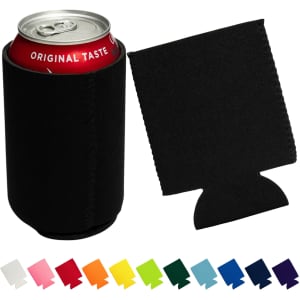 A black neoprene stubby holder with a matching flat piece beside it, designed to fit standard drink cans.