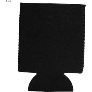 A black neoprene stubby cooler with a fitted base and stitched edges, featuring a logo.