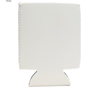 A white neoprene stubby cooler with a simple design and a logo. Ideal for keeping drinks cold.