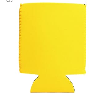 A bright yellow neoprene stubby cooler with a design for holding drinks. It features a logo.