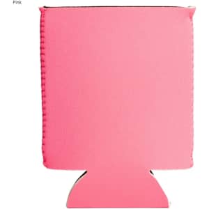 A pink neoprene stubby cooler with a simple design and a logo. Suitable for holding drinks.