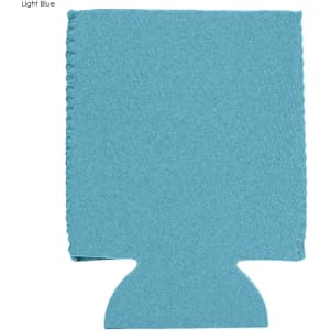 A light blue neoprene stubby cooler with a stitched edge and a cut-out base, featuring a logo.